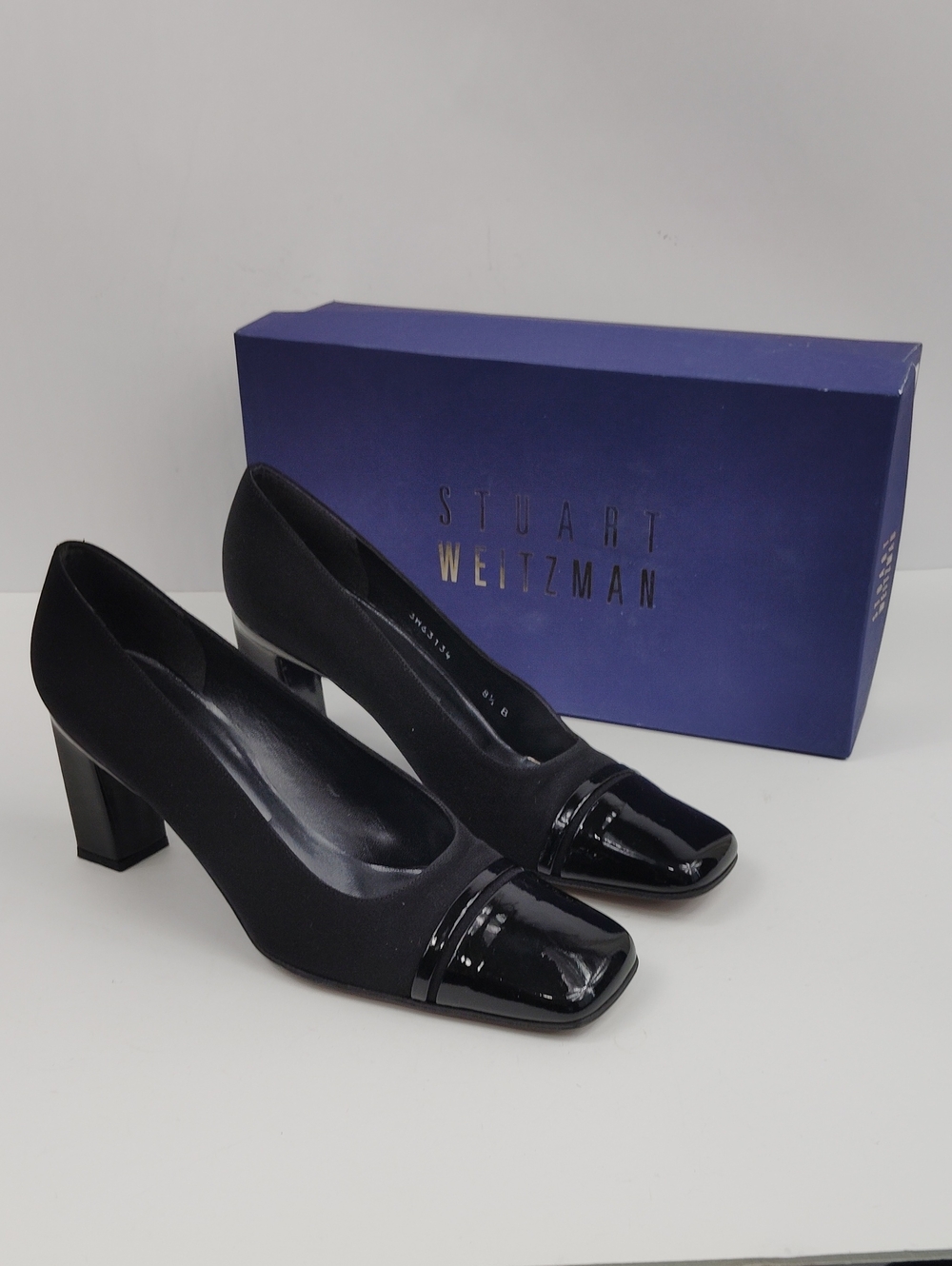 Stuart Weitzman Black Patent Cap-Toe Block Heels